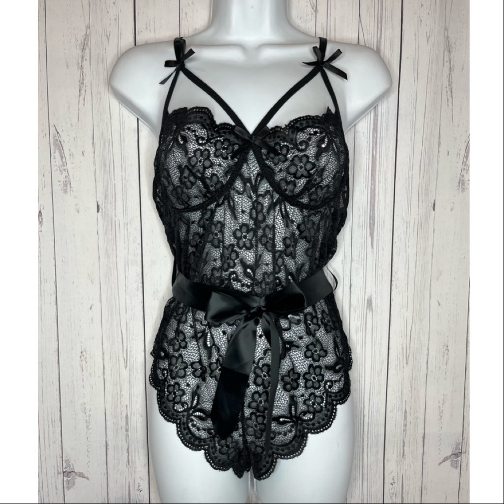 RSLOVE Women’s Size XXL Black Lace Teddy Lingerie Bodysuit Bow tie Ribbon Belt